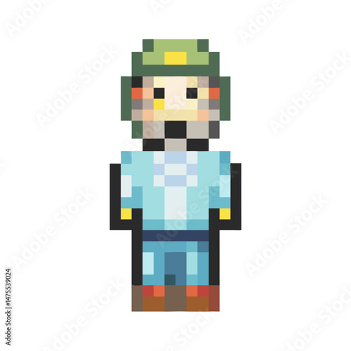 Pixel art miner character with helmet in 8-bit