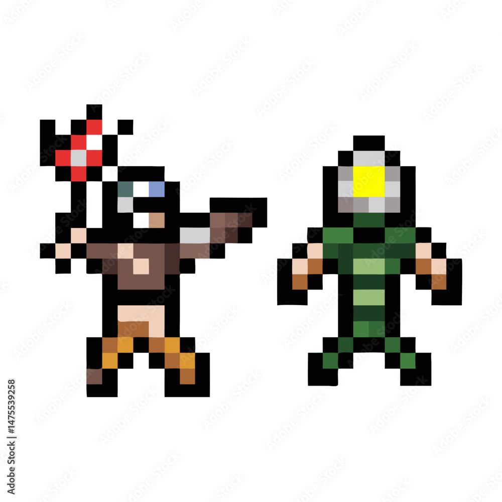 Retro Pixel Art Characters on Black Background Retro Pixel Art Characters on Black Background