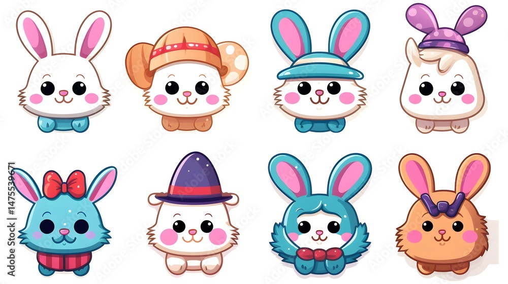 Fototapeta premium Collection of Adorable Easter Cartoon Character Stickers for Festive Designs