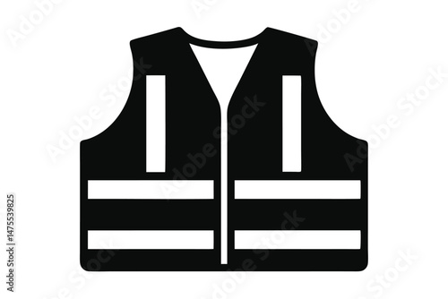 Simple monochrome icon depicts a reflective safety vest with white stripes and black background