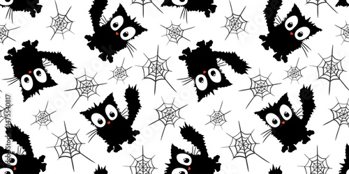 halloween seamless pattern cute big-eyed black cats spider webs white background, childish spooky holiday design cards cartoon kitty cobweb illustration