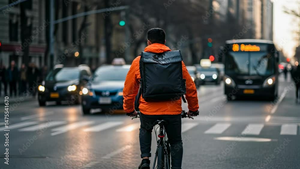 Back view of man on bicycle messenger with delivery backpack on city street crossing road with traffic in urban scene for express service concept. Back view of man on bicycle messenger with delivery backpack on city street crossing road with traffic in urban scene for express service concept.