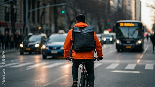 Wallpaper Mural Back view of man on bicycle messenger with delivery backpack on city street crossing road with traffic in urban scene for express service concept. Torontodigital.ca