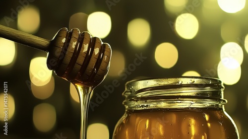 Dripping Honey from Wooden Dipper into Glass Jar in Warm Setting