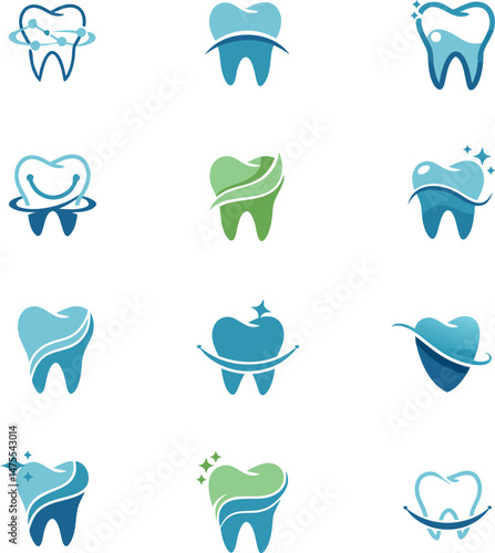 Dental logo set with clean tooth icons in modern style, ideal for dentists, clinics, oral care branding, orthodontics and health apps, blue and green flat vector symbols for medical use