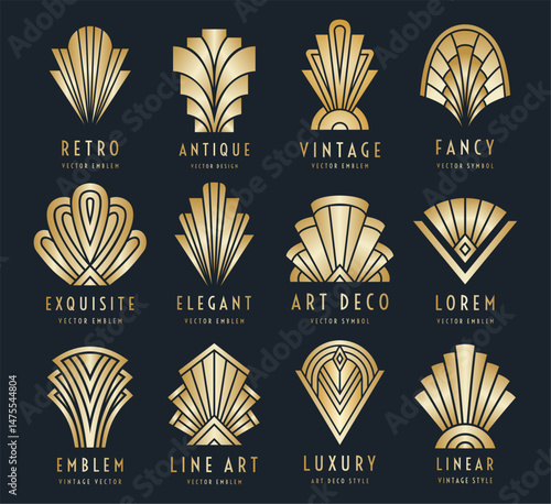Gold metal texture geometry symbols. Art Deco collection vintage embellishment design. EPS 10 vector illustration set.
