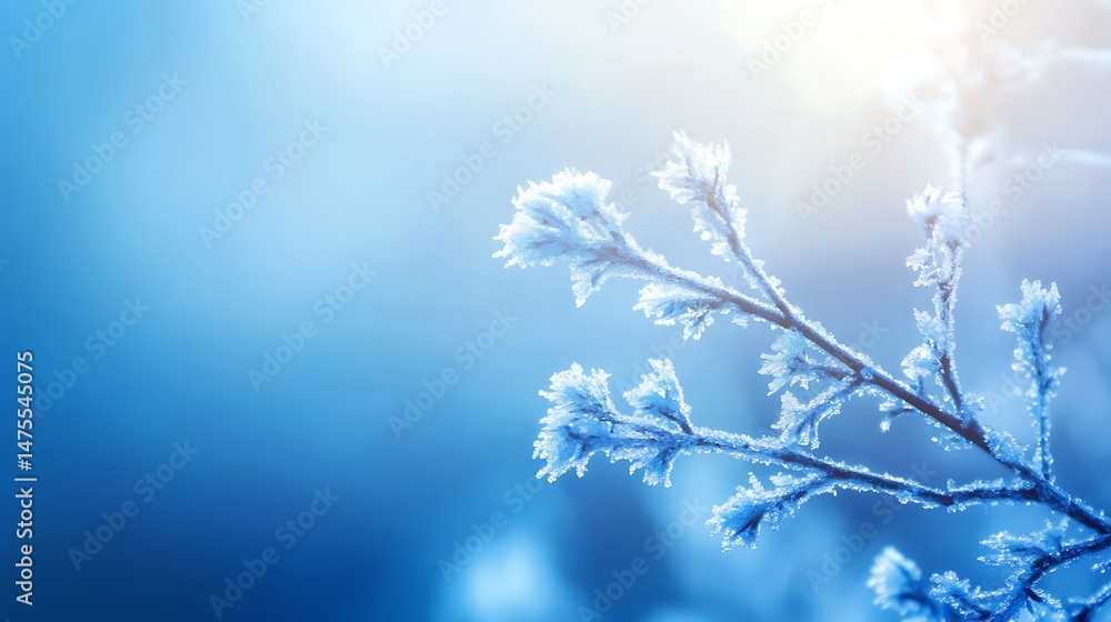 Frosted branch with delicate ice crystals against blue backdrop Frosted branch with delicate ice crystals against blue backdrop