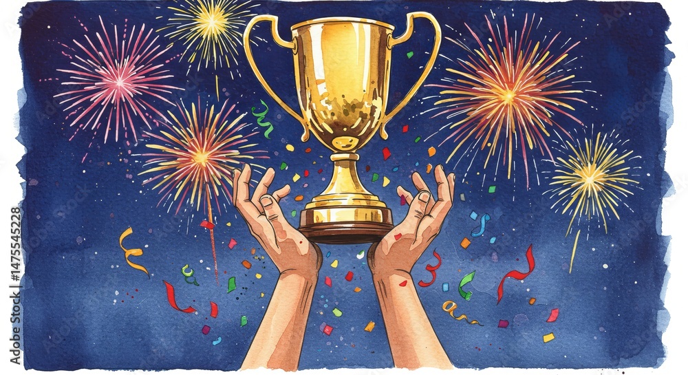 Hands holding up a golden trophy with celebratory fireworks and confetti in the background, symbolizing achievement, success, victory, and a grand award for a winner. Hands holding up a golden trophy with celebratory fireworks and confetti in the background, symbolizing achievement, success, victory, and a grand award for a winner.