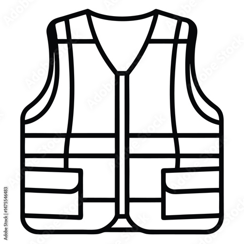 Outline drawing depicts a reflective safety vest with multiple straps and pockets