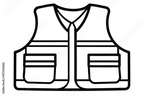 A bold outline depicts a utilitarian vest with pockets and a central closure