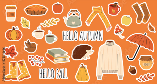 Big vector horizontal Hello Autumn sticker set in hand-drawn style. Cozy fall doodle design with pumpkin, coffee, sweater, books, leaves, and candles. Warm and cute autumn collection in flat style.