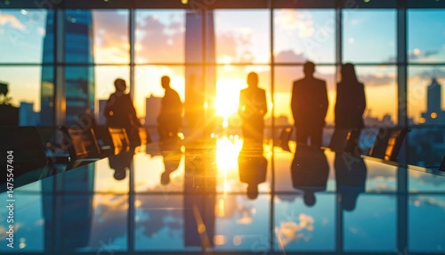 Wallpaper Mural Silhouetted businesspeople at sunset in glass office reflect teamwork ambition and modern leadership Torontodigital.ca