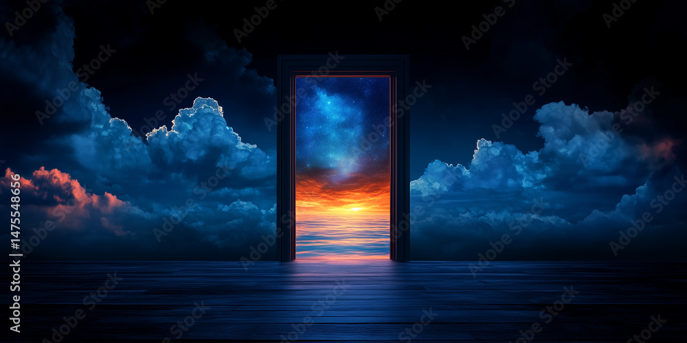 Obraz premium Surreal Fantasy Doorway Leading to Mystical Ocean and Celestial Skies