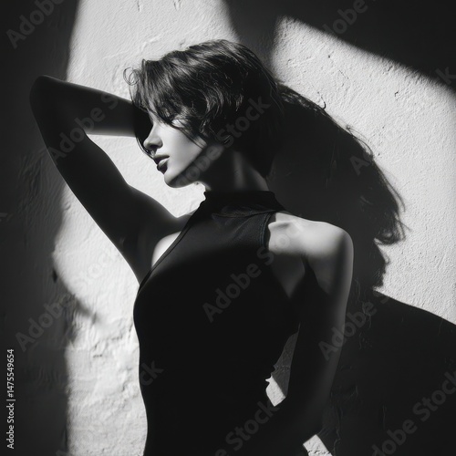 Elegant woman in shadow play, monochrome portrait.