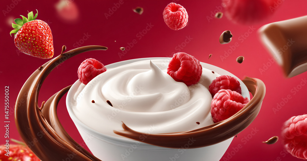 Healthy Fruity Yogurt Dessert with Rich Chocolate, Fresh Berries, Raspberry Strawberry Cream in Bowl Tasty Gourmet Indulgence Snack Enticing Indulgent Treat Vibrant Background Organic Parfait Swirl Healthy Fruity Yogurt Dessert with Rich Chocolate, Fresh Berries, Raspberry Strawberry Cream in Bowl Tasty Gourmet Indulgence Snack Enticing Indulgent Treat Vibrant Background Organic Parfait Swirl