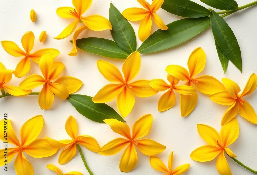Obraz premium Vibrant yellow ylang ylang blossoms arranged flat on white background, Asian flora postcard style, closeup, postcard