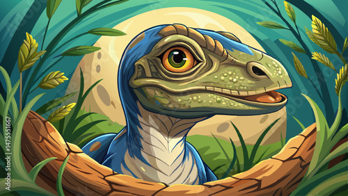  portrait  close up A baby velociraptor hatching from a prehistoric egg Very beautiful