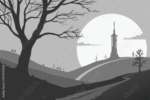 25 dark moody silhouette, minimalist landscape, surreal sunset over cityscape, dramatic sci-fi tower, high contrast monochrome, digital art, cinematic composition