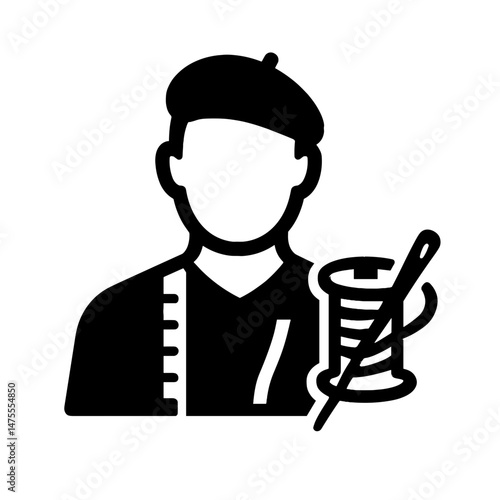 Black silhouette icon of tailor with measuring tape, spool of thread, and needle, symbolizing garment making, sewing, and fashion design