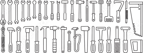 A set of steel work tools, including a wrench, screwdriver, and hammer, rests on a stark black and white background
