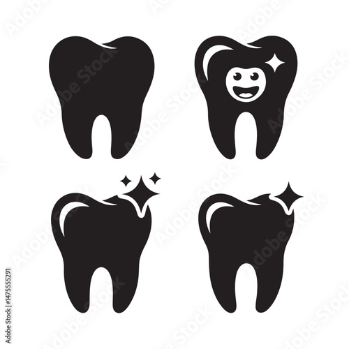 Black Vector Silhouettes of Teeth — Molar, Sparkling Tooth, and Dental Care Icons