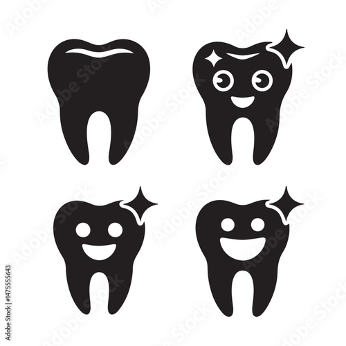 Black Vector Silhouettes of Teeth — Molar, Sparkling Tooth, and Dental Care Icons