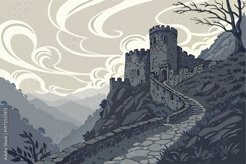27 medieval castle ruins on a foggy mountain, dramatic sky with clouds, epic moody landscape, cinematic lighting, highly detailed, photorealistic, 8k