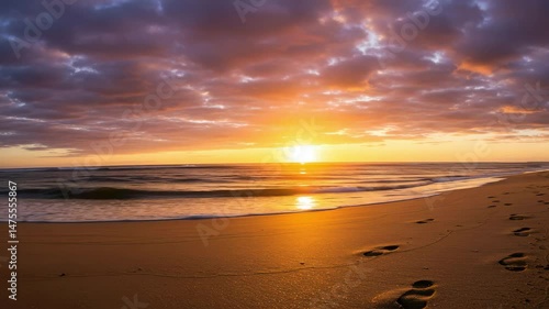 Beautiful sunset scene showing the ocean shore with gentle waves and footprints on the sandy beach under colorful sky.