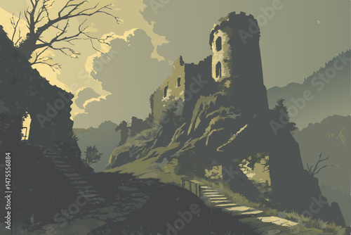 27 medieval castle ruins on a foggy mountain, dramatic sky with clouds, epic moody landscape, cinematic lighting, highly detailed, photorealistic, 8k