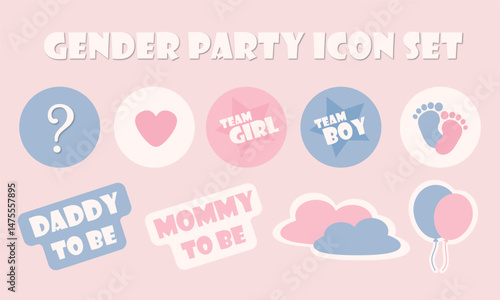 gender reveal, gender party, baby boy or girl, team pink or blue, mom to be, dad to by, expecting, baby surprise, pregnancy celebration, gender party icon set, 