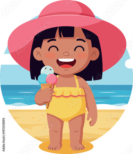 Little girl enjoying ice cream on beach wearing big pink hat and yellow swimsuit vector illustration 