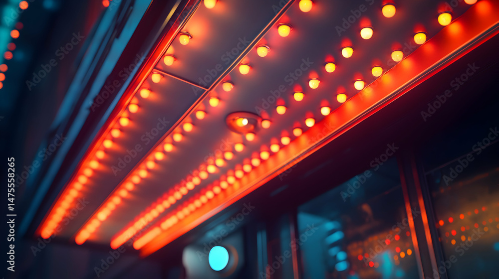 Illuminated marquee lights create a warm glow in a dark environment. Illuminated marquee lights create a warm glow in a dark environment.