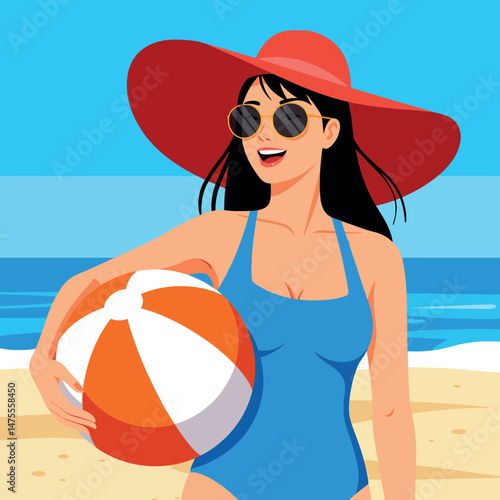 Woman in blue swimsuit with red hat holding beach ball on summer beach vector illustration 