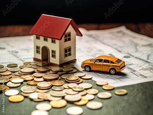 House model and car on coins financial planning illustration
