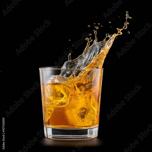 Golden whiskey bursts from a lowball tumbler filled with ice, sending droplets flying. The dark background accentuates the rich color and movement of the liquid