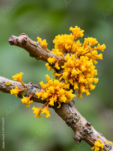 Lichen Xanthoria candelaria on branch of asp