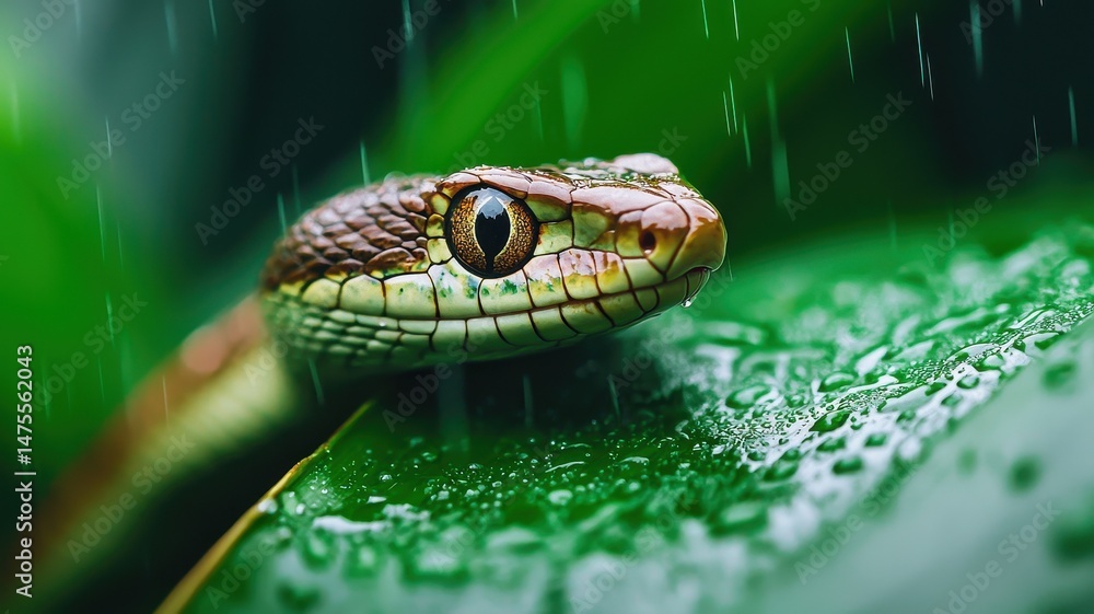 Fototapeta premium World snake day with jungle wildlife concept. Close-up of a snake on a wet green leaf in rain.