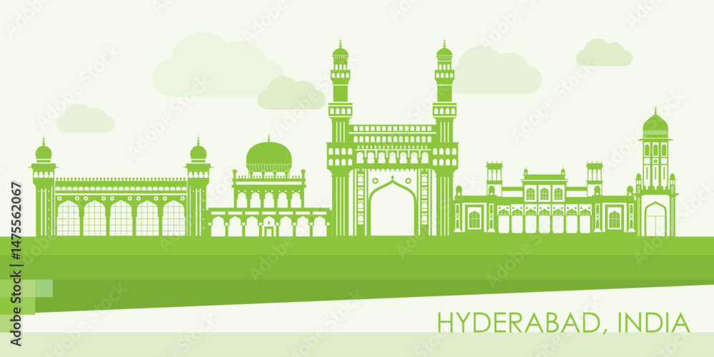 Green Skyline panorama of city of Hyderabad, India - vector illustration
