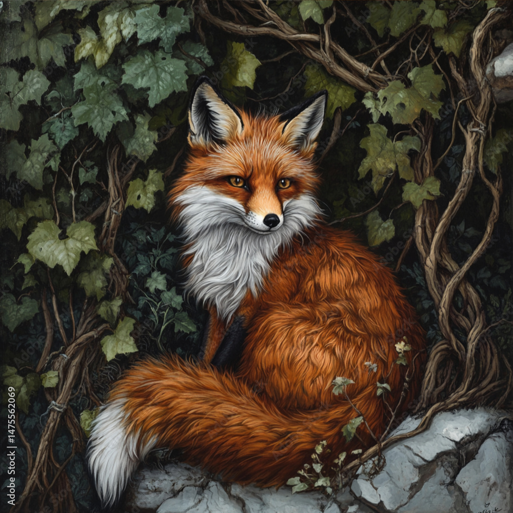 Obraz premium A red-furred fox under a vine that is very, very tall