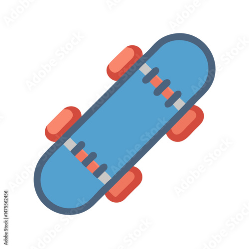 Blue skateboard illustration with red wheels, black background