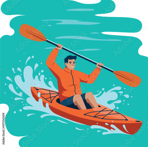 Man kayaking on water with orange kayak and paddle active outdoor sport vector illustration 