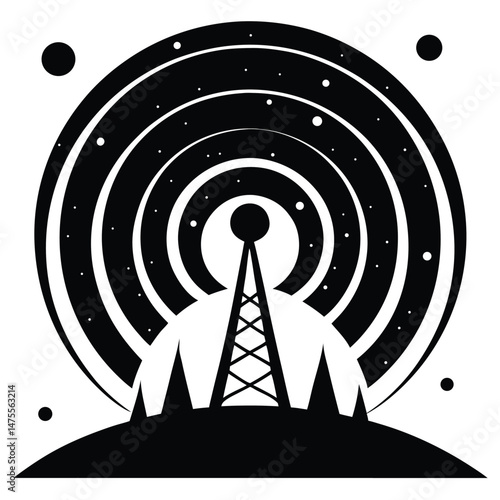 Black tower on a hill emits signal waves with stars and floating circles around it