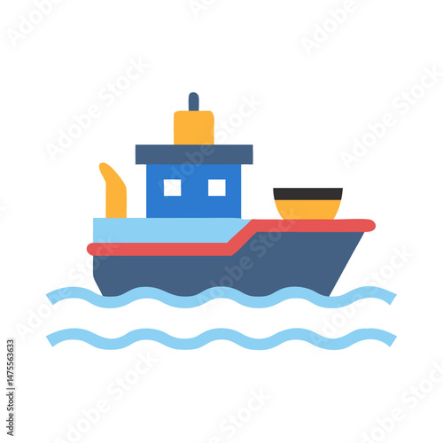 Cartoon Cargo Ship on Water in Flat Design