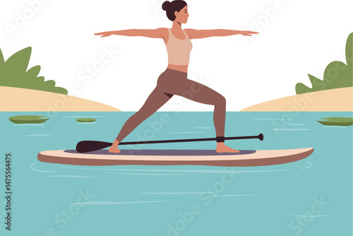 Woman practicing yoga on paddleboard in calm water with natural landscape background 