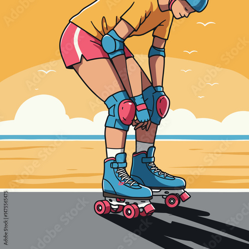 Roller Skater Wearing Protective Gear on Sunset Beach Skateboard Path Vector Illustration 
