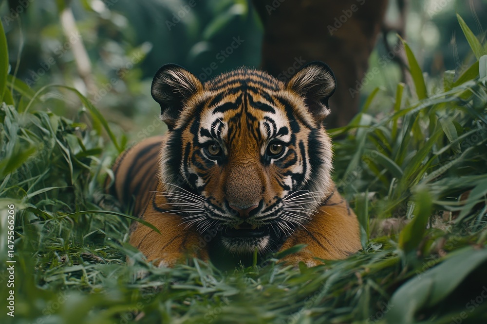 Fototapeta premium Tiger curiously gazes at the camera with a frown in a lush green environment, tiger looks at the camera with interest and frowns