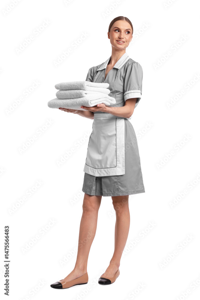 Chambermaid with stack of clean towels on white background Chambermaid with stack of clean towels on white background