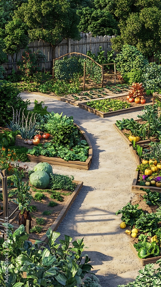 Naklejka premium Garden scene depicting cultivated vegetables and winding pathway