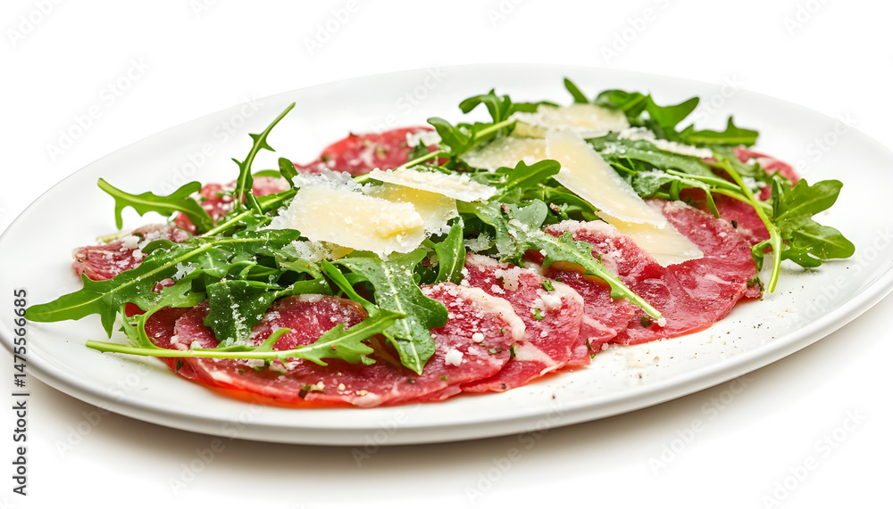Delicious beef carpaccio with arugula and cheese highlighted on white