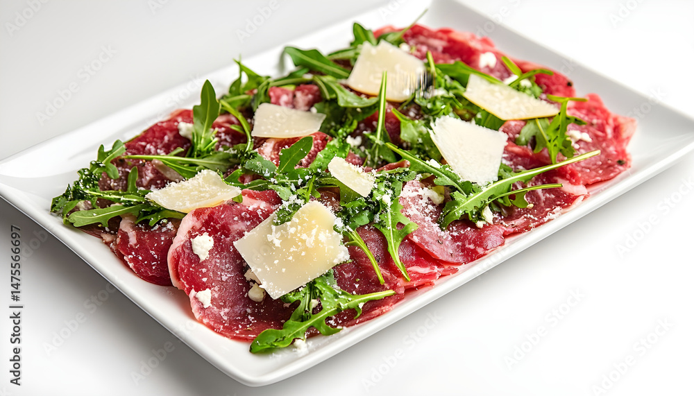 Delicious beef carpaccio with arugula and cheese highlighted on white
